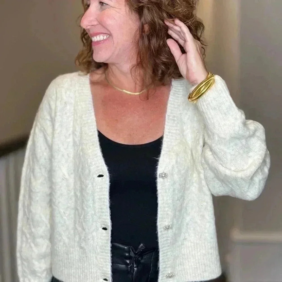 KUT from the Kloth Petra Pearl Button Cropped Cardigan Women’s Medium Classic Ch - Picture 7 of 13